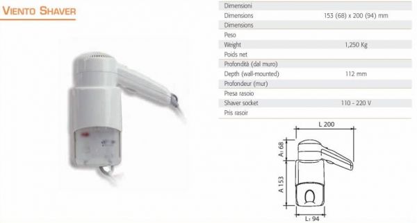 Asciugacapelli elettrico da parete per hotel - Viento Shaver