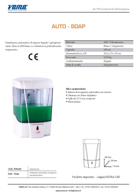 Distributore automatico per sapone e gel igienizzante con fotocellula 600 ml